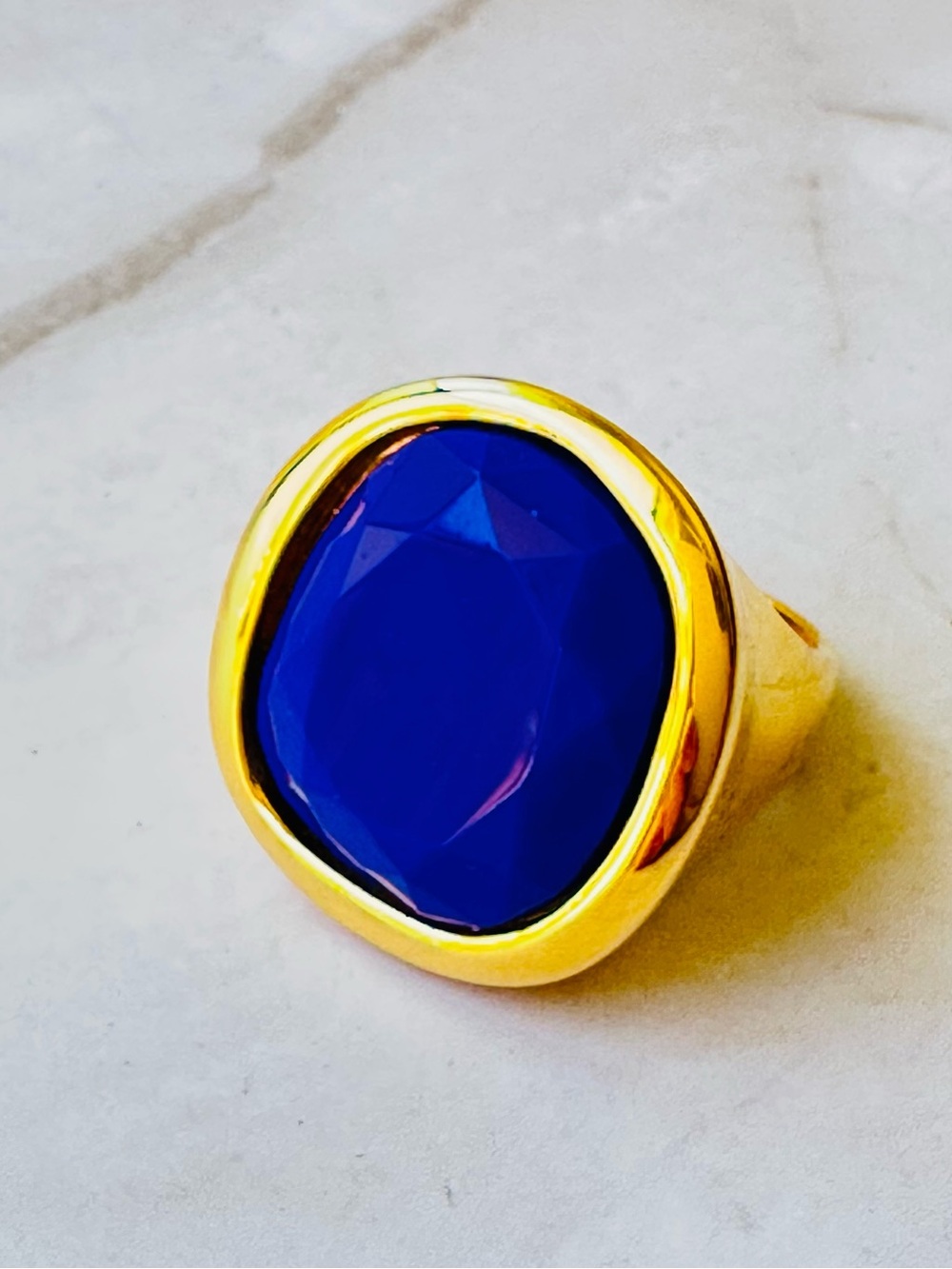 Authentic Vintage 70s Kenneth Jay Lane Blue Gold Statement Cocktail Ring Size 7